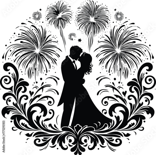 couple kissing at firework with victorian flourish decoration in black and white illustration