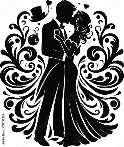couple dating with victorian flourish decoration in black and white illustration