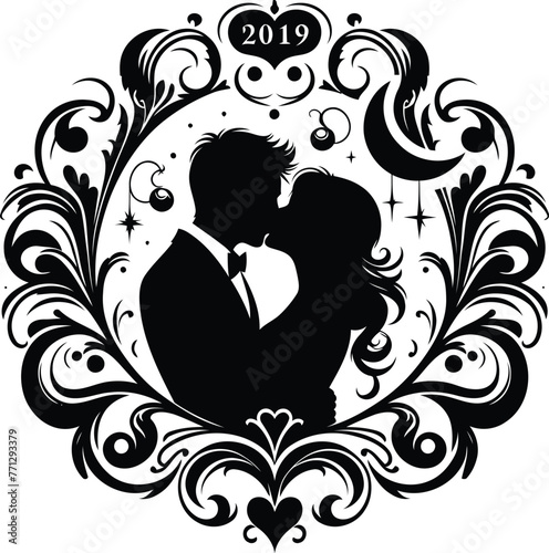couple dating with victorian flourish decoration in black and white illustration