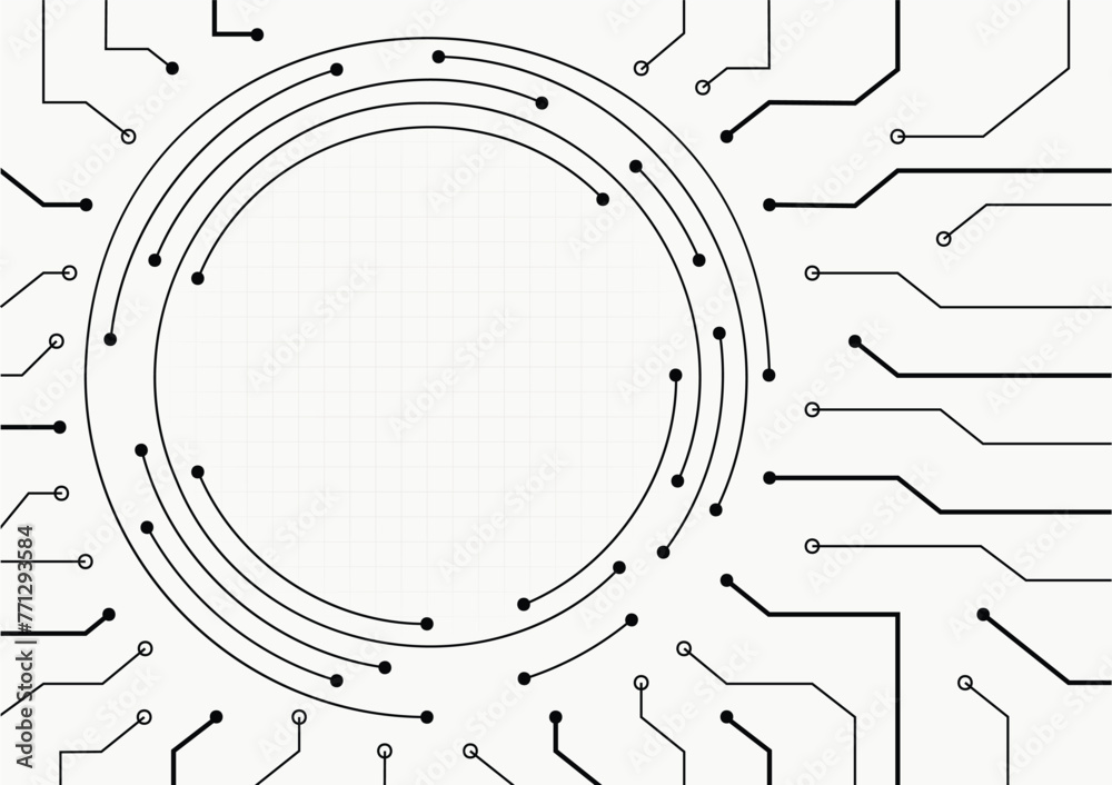 abstract futuristic circle circuit board technology black and white background vector illustration.