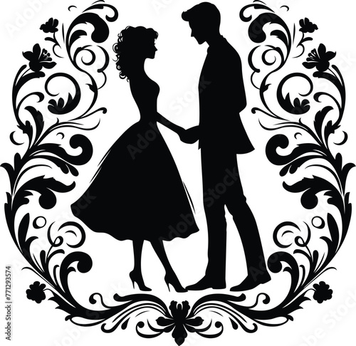 couple dating with victorian flourish decoration in black and white illustration