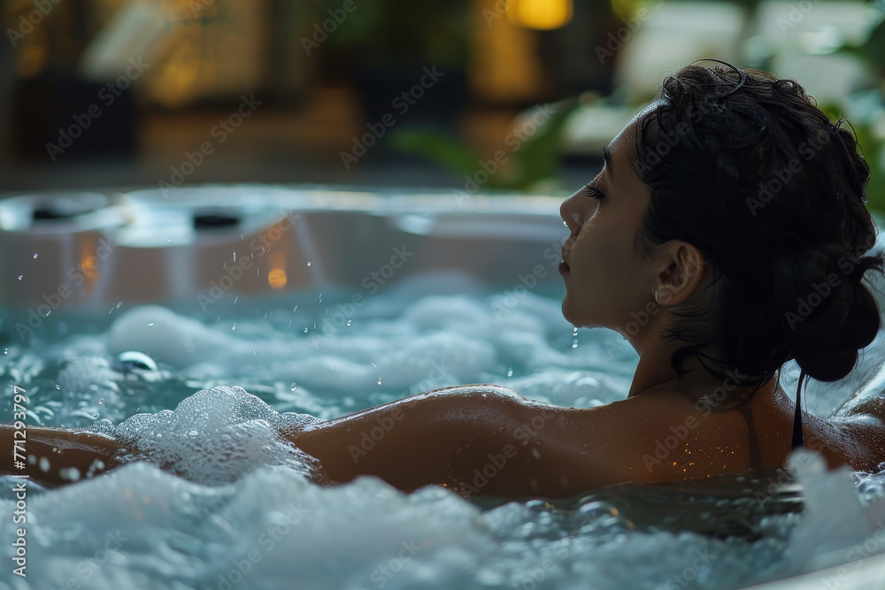 A woman is in a hot tub, enjoying the bubbles and the warmth of the water