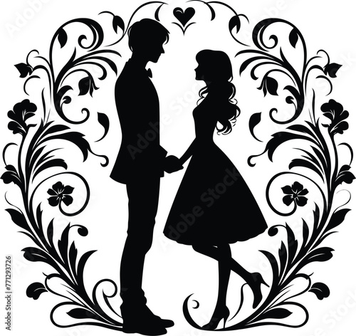 couple dating with victorian flourish decoration in black and white illustration