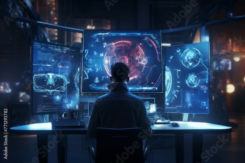 A person working at a futuristic desk, with a computer screen and futuristic design elements