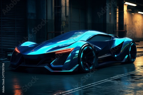 A futuristic vehicle, with sleek lines and a glowing, neon-blue paint job, parked in a dark alley