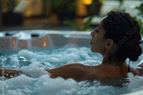 A woman is in a hot tub, enjoying the bubbles and the warmth of the water