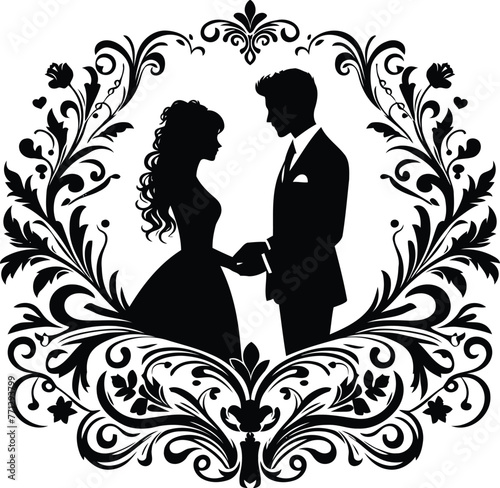couple dating with victorian flourish decoration in black and white illustration
