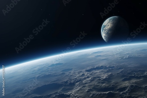 A view of the moon from space, with the Earth in the background