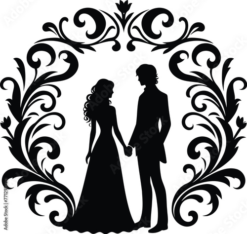 couple dating with victorian flourish decoration in black and white illustration