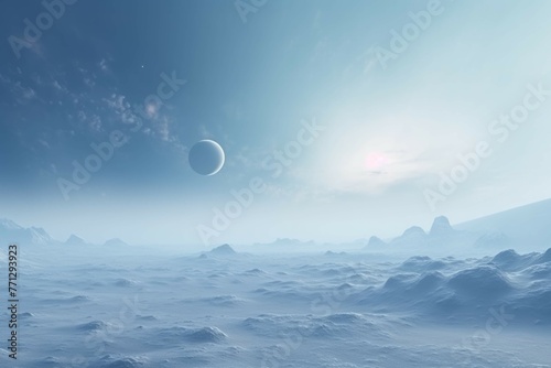 A view of a distant planet with a glowing white atmosphere