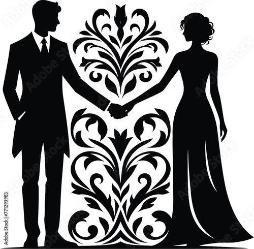 couple dating with victorian flourish decoration in black and white illustration