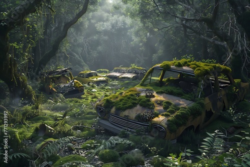 : A forgotten car graveyard, with cars overgrown with moss and weeds, beneath the gentle canopy of an ancient forest photo