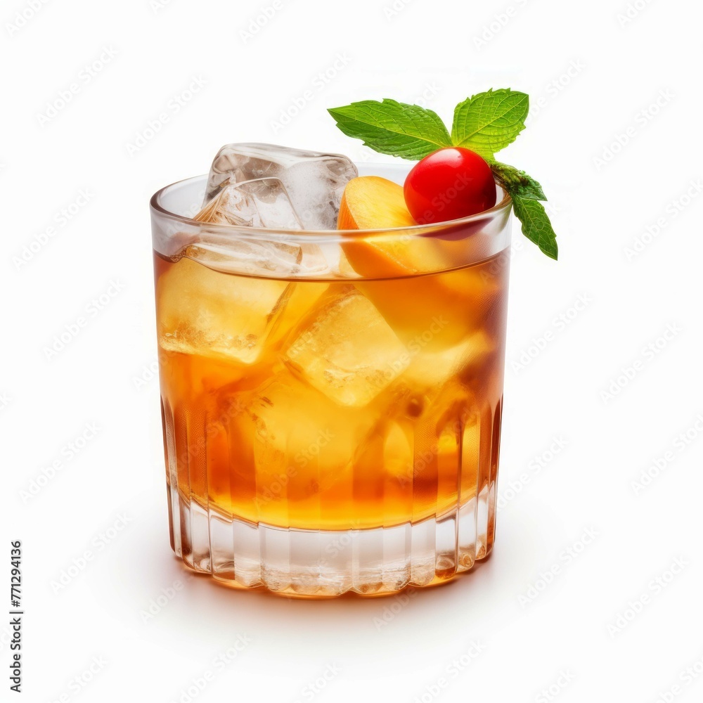 Whiskey Peach Cocktail, isolated on white background Whiskey Peach Cocktail, isolated on white background