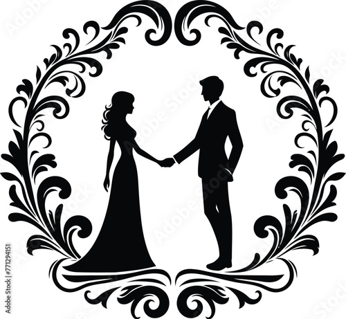 couple dating with victorian flourish decoration in black and white illustration