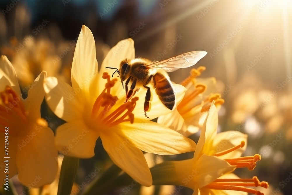 A close-up of a bee pollinating a spring flower, with the bee's wings illuminated by the morning sun - obrazy, fototapety, plakaty 