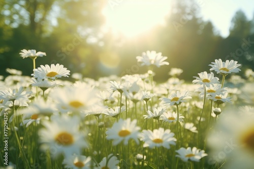 A wide angle shot of a field of white daisies swaying in the wind, the sun shining through the petals creating a beautiful contrast between the white and the green grass