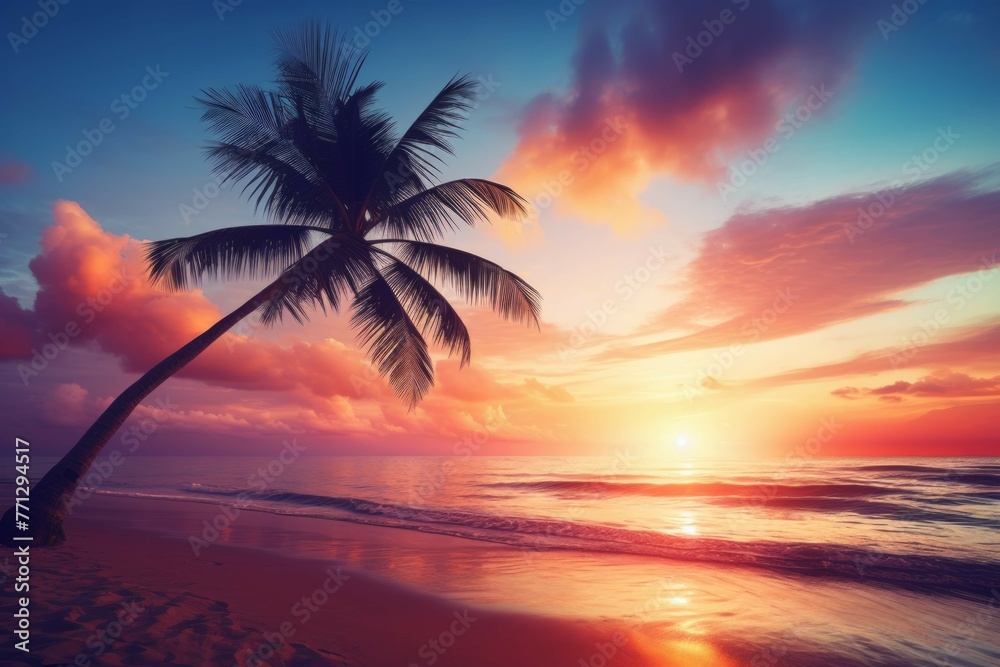 A desktop wallpaper of a bright and colorful sunrise over a calm beach with a lone palm tree in the foreground