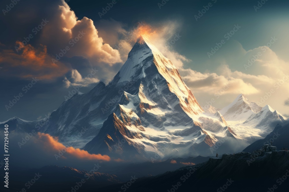A desktop wallpaper of a majestic and serene mountain landscape with a snow-capped peak in the background