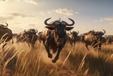 A wide-angle shot of a herd of wildebeest running across an open grassland