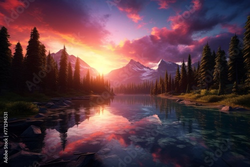 A desktop wallpaper of a vibrant and surreal sunset over a tranquil lake surrounded by lush green forests and mountains