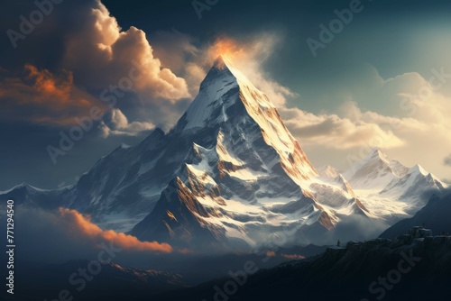 A desktop wallpaper of a majestic and serene mountain landscape with a snow-capped peak in the background