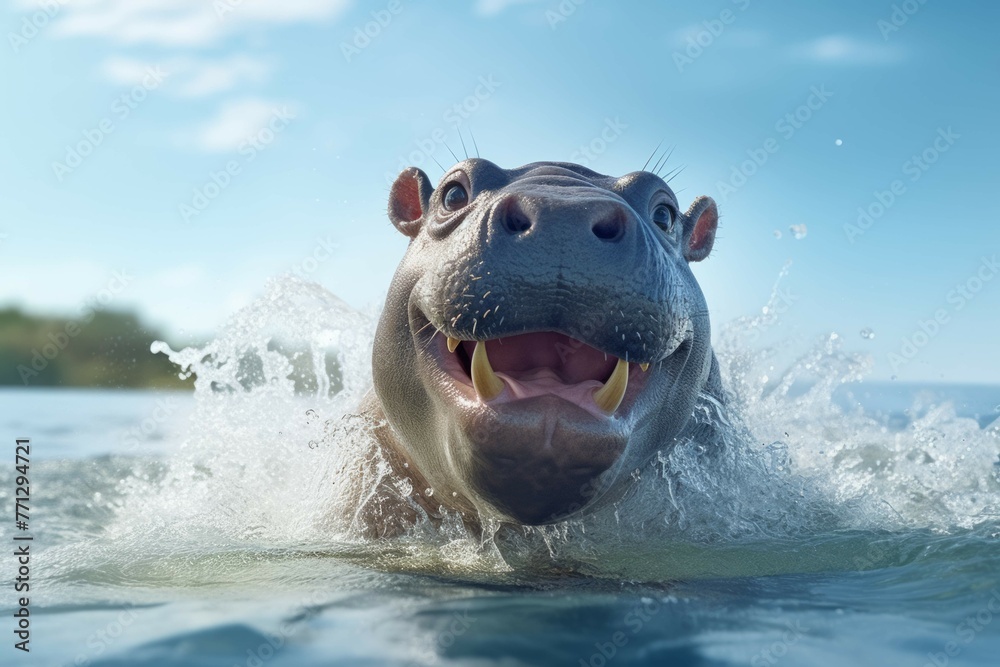 Obraz premium A baby hippopotamus playing in a lake, its large body splashing around in the water
