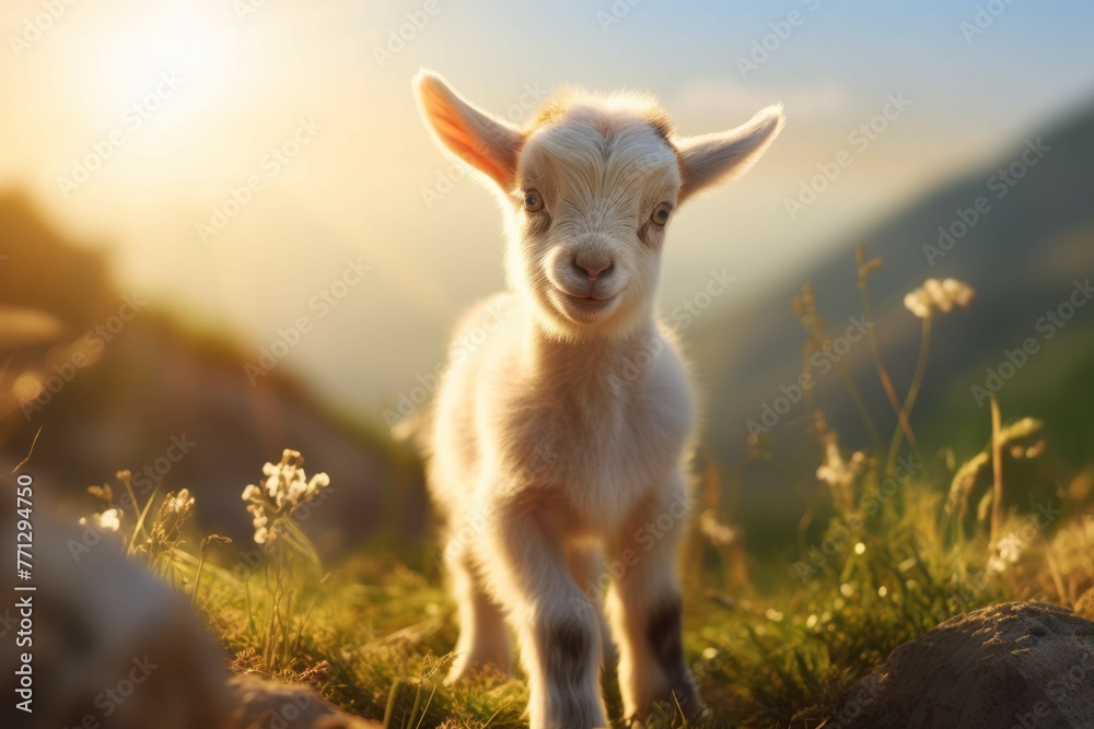 A baby goat standing on a hill, its eyes looking around curiously and its horns gleaming in the sunlight A baby goat standing on a hill, its eyes looking around curiously and its horns gleaming in the sunlight