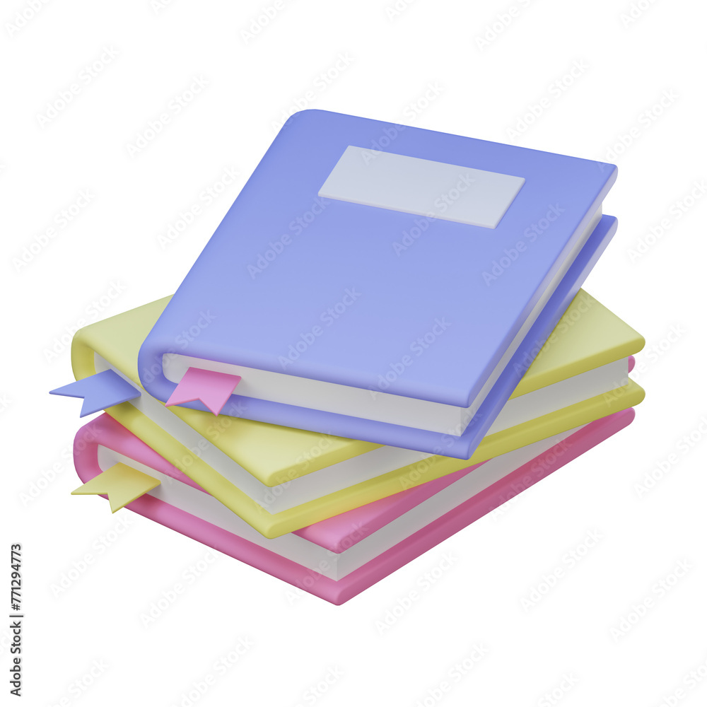 3D render of a stack of notebooks icon with pastel colors, ideal for illustrations of education concepts, transparent backgrounds.