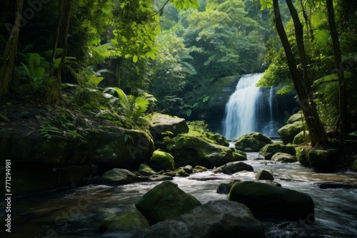 a lush tropical forest with a waterfall and a river