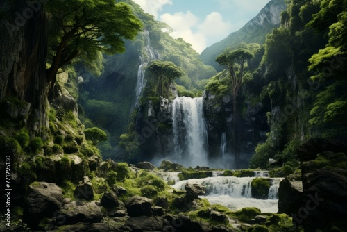 a majestic waterfall cascading down a rocky cliff, surrounded by lush green vegetation