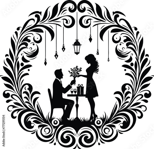 couple gift a flower with victorian flourish decoration in black and white illustration