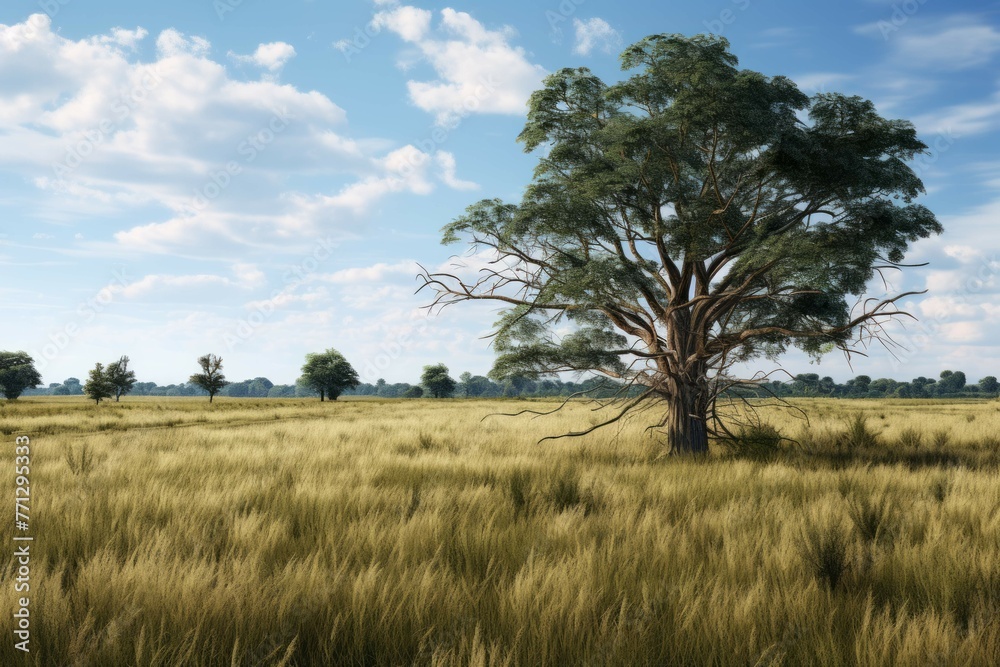 A single tree in a field of tall grass