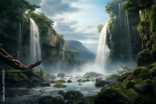 A majestic waterfall cascading down a rocky cliff  surrounded by lush vegetation