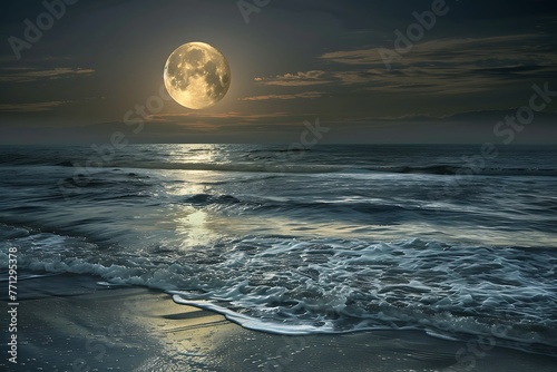   A full moon rising over a tranquil ocean  casting a silver glow on the gentle waves
