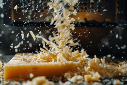 A pile of cheese shavings is falling from a grater