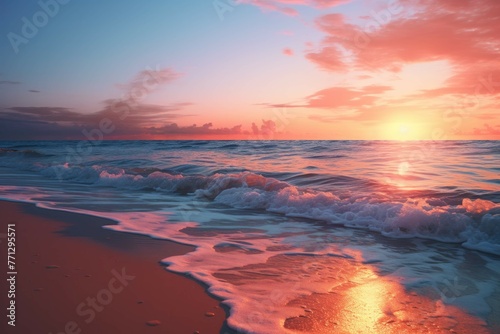 A beach at sunset with a bright orange sky and a calm, blue ocean #771295571