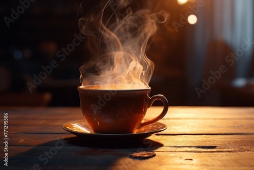 A cup of hot tea with steam rising from it on a wooden table