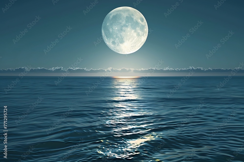 : A full moon rising over a tranquil ocean, casting a silver glow on the gentle waves