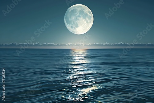 : A full moon rising over a tranquil ocean, casting a silver glow on the gentle waves