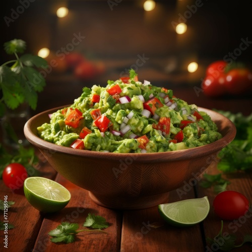 A bowl of freshly made guacamole with a sprinkle of chopped tomatoes, onions, and cilantro