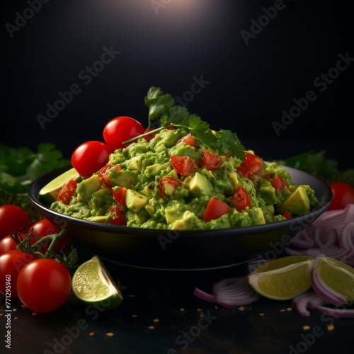 A plate of freshly made guacamole with ripe avocados, tomatoes, onions, and cilantro