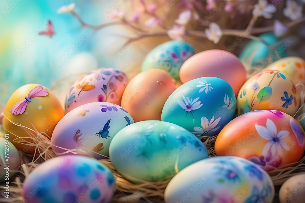 Beautiful colorful easter eggs on open background 