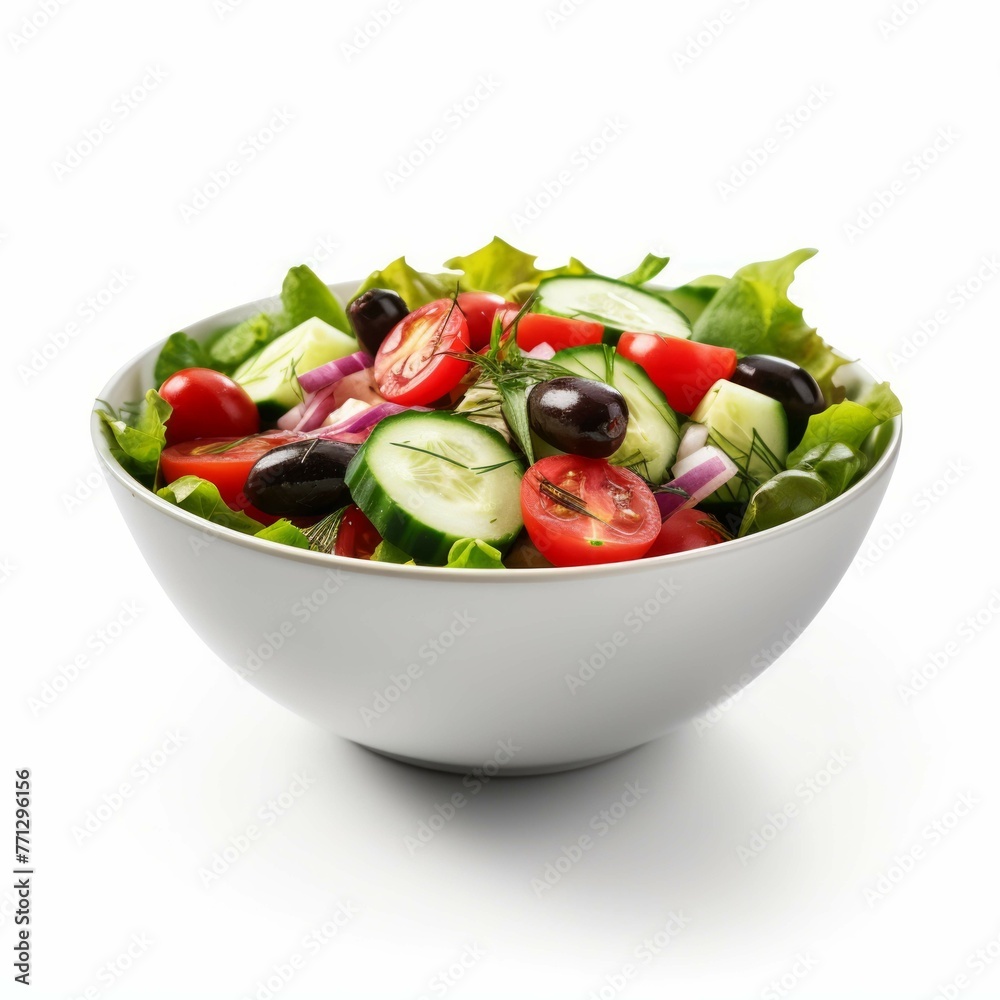 A bowl of fresh salad with tomatoes, cucumbers, and olives, isolated on white background