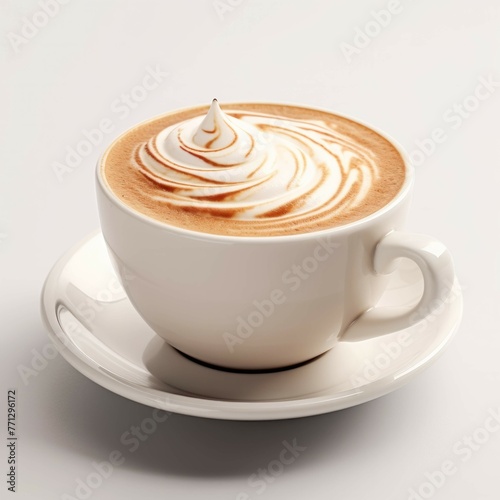 A steaming cup of cappuccino with a swirl of cream, isolated on white background