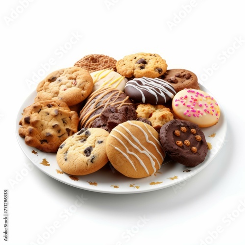 A plate of freshly baked cookies, with a variety of shapes, sizes, and colors, isolated on white background