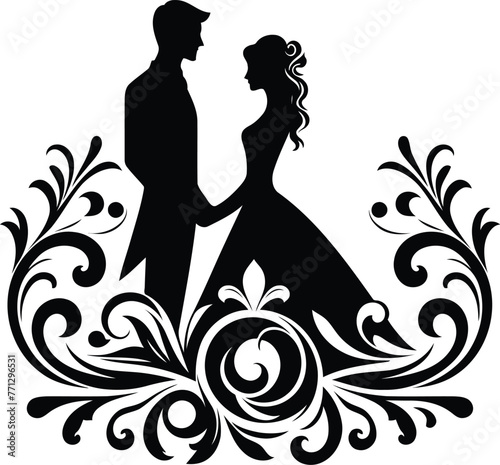 couple dating with victorian flourish decoration in black and white illustration