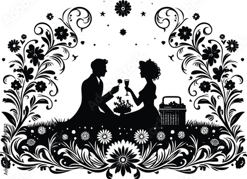 couple dating picnic with victorian flourish decoration in black and white illustration