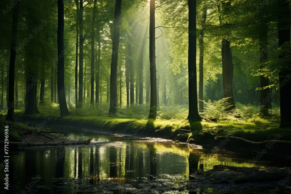 A lush green forest with a sunbeam shining through the trees, highlighting the beauty of nature A lush green forest with a sunbeam shining through the trees, highlighting the beauty of nature
