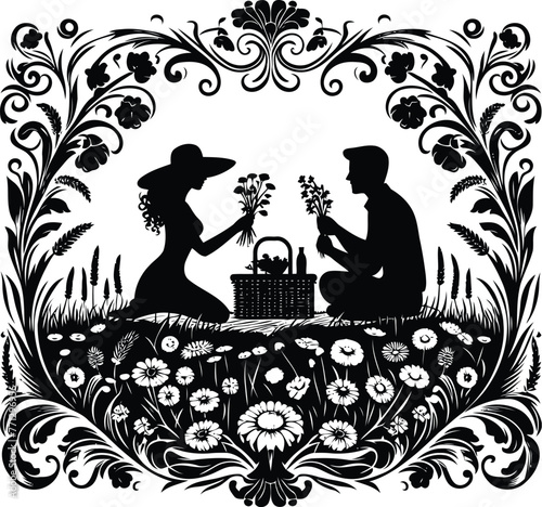 couple dating picnic with victorian flourish decoration in black and white illustration