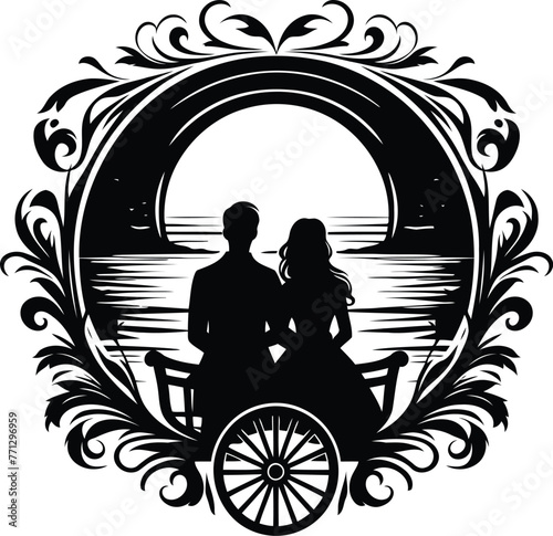 couple watching sunset with victorian flourish decoration in black and white illustration